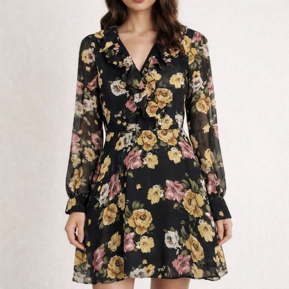 Lulus Love Abound Black Floral Print Long Sleeve Ruffled Mini Dress Size Small